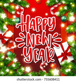 Christmas greeting card with wreath .  Xmas vector background. Hand drawn calligraphy. concept handwritten Happy new year.