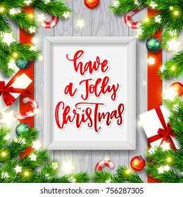 Christmas greeting card with wreath .  Xmas vector background. Hand drawn calligraphy. concept handwritten have a Jolly Christmas