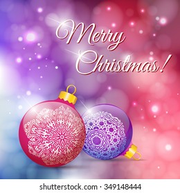 Christmas Greeting Card with Xmas Balls. Merry Christmas lettering, vector illustration in defocus background with lights