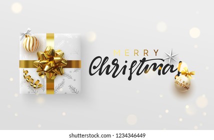 Christmas Greeting Card. Xmas Banner, Poster, Background With White Gift Box And Ball. Vector Illustration