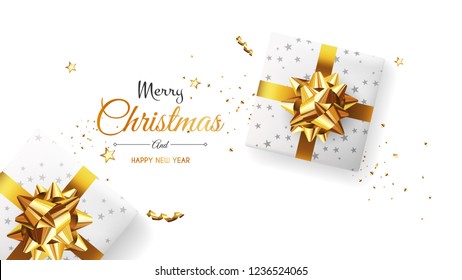 Christmas greeting card. Xmas Banner, poster, background with white gift box and ball. Vector illustration