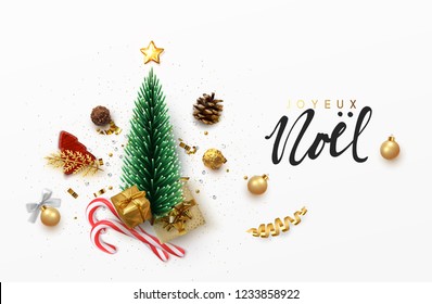 Christmas greeting card. Xmas Festive composition with decorative objects. Calligraphic text. Xmas elements decorations. Creative holiday invitation template top view. Vector illustration