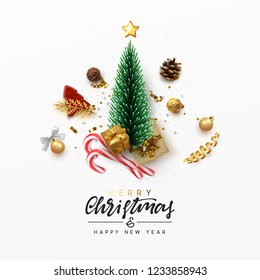 Christmas greeting card. Xmas Festive composition with decorative objects. Calligraphic text. Xmas elements decorations. Creative holiday invitation template top view. Vector illustration