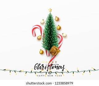 Christmas greeting card. Xmas Festive composition with decorative objects. Calligraphic text. Xmas elements decorations. Creative holiday invitation template. Vector illustration