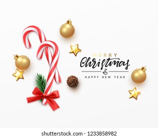 Christmas greeting card. Xmas Festive composition with decorative objects. Calligraphic text. Xmas elements decorations. Creative holiday invitation template top view. Vector illustration