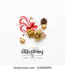 Christmas greeting card. Xmas Festive composition with decorative objects. Calligraphic text. Xmas elements decorations. Creative holiday invitation template top view. Vector illustration