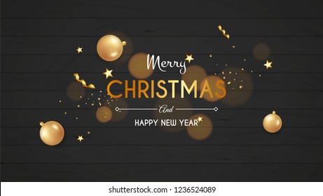 Christmas greeting card. Xmas Festive composition with decorative objects. Calligraphic text. Xmas elements decorations. Creative holiday invitation template top view. Vector illustration