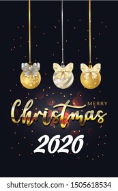 Christmas greeting card. Xmas Festive composition with decorative objects. Calligraphic text. Xmas elements decorations. Creative holiday invitation template top view. Vector illustration