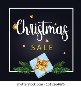 Christmas greeting card. Xmas Festive composition with decorative objects. Calligraphic text. Sale elements decorations. Creative holiday invitation template top view. Vector illustration