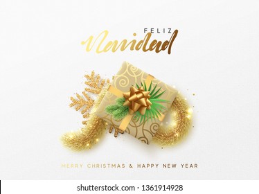 Christmas greeting card. Xmas holiday background, gift box with gold tinsel and bright golden snowflake. Spanish text Feliz Navidad translation Merry Christmas. flat top view