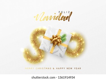 Christmas greeting card. Xmas holiday background, gift box with gold tinsel and bright golden snowflake. Spanish text Feliz Navidad. translation Merry Christmas. flat top view