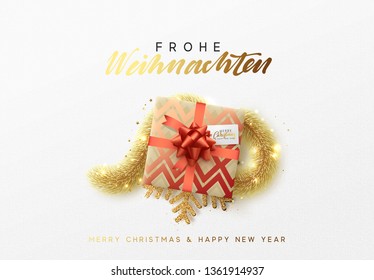 Christmas greeting card. Xmas holiday background, gift box with gold tinsel and bright golden snowflake. German text Frohe Weihnachten translation Merry Christmas. flat top view