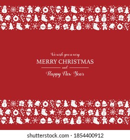 Christmas greeting card with Xmas icons and wishes. Vector