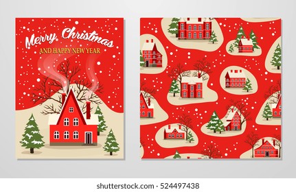 Christmas Greeting Card. Xmas Postcard And Seamless Pattern With House At Snowy Fairytale Village Vector Illustration. Merry Christmas Happy New Year Greeting Poster Design Set. Holiday Congratulation