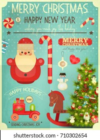 Christmas Greeting Card with Xmas Santa Claus, Snowman and Christmas Tree. Retro Style. Vector illustration