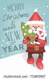 Christmas Greeting Card with Xmas Santa Claus on Blue Snow Background. Retro Style. Vector illustration