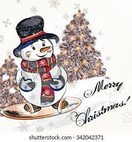 Christmas greeting card with Xmas trees and little pretty snowmen on a snowboard