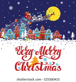 Christmas greeting card.New year.Santa Claus coming to the city and throws gifts.Moon background,winter landscape. Flat cartoon Vector illustration.Holiday lettering,retro,vintage illustration.Square