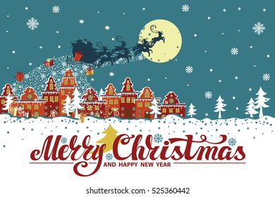 Christmas greeting card.New year.Santa Claus coming to the city and throws gifts.Moon background,winter landscape. Flat cartoon Vector illustration.Holiday lettering,retro,vintage illustration