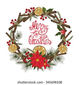 Christmas greeting card.New year,Winter season doodles wreath with citrus and spice.Fir tree branches,Poinsettia flowers,hot,tasty background background.Flat vector,holiday decoration,bright colors