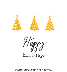 Christmas Greeting Card Yellow Golden Triangle Graphic Abstract Fir Trees Star baubles Snow Flakes Hand Lettering Happy Holidays White Background New Years Party Invitation Template