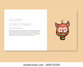 Christmas greeting card in yellow and white color, accompanied by a lineal icon owl