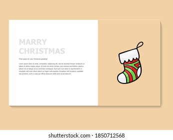 Christmas greeting card in yellow and white color, accompanied by a lineal icon socks