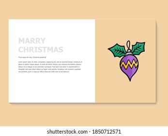 Christmas greeting card in yellow and white color, accompanied by a lineal icon christmas ball