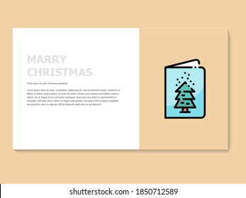 Christmas greeting card in yellow and white color, accompanied by a lineal icon tree