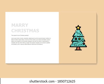 Christmas greeting card in yellow and white color, accompanied by a lineal icon tree