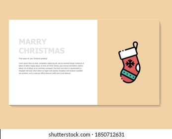 Christmas greeting card in yellow and white color, accompanied by a lineal icon socks