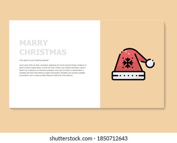 Christmas greeting card in yellow and white color, accompanied by a lineal icon christmas hat