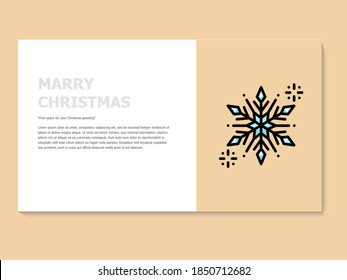 Christmas greeting card in yellow and white color, accompanied by a lineal icon nowflakes