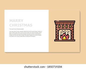 Christmas greeting card in yellow and white color, accompanied by a lineal icon fireplace