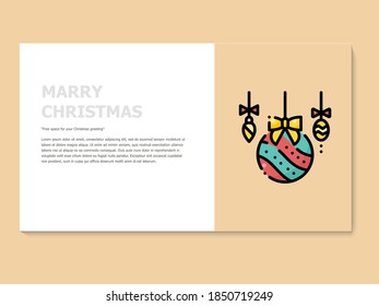 Christmas greeting card in yellow and white color, accompanied by a lineal icon ball