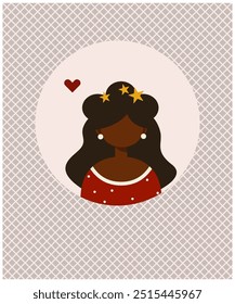 Christmas greeting card with young woman avatar. Woman dressed in red dress. Vector people character illustration. Cartoon minimal style