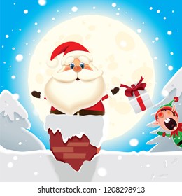 Christmas greeting card-Elf adds gifts to Santa Claus who that divides them through the chimney