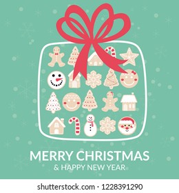 christmas greeting card,gingerbread gift box,holiday illustration
