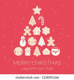 christmas greeting card,gingerbread christmas tree,holiday illustration
