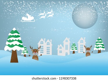Christmas greeting card,Holiday background with Santa Claus on the sky with winter tree.