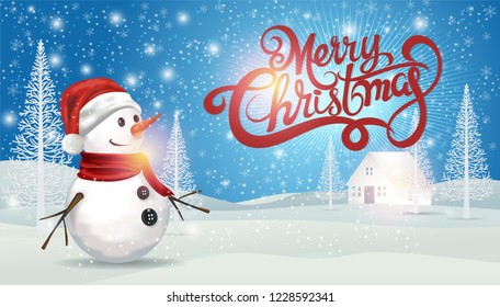 Christmas greeting card,Holiday winter landscape baner background with  winter tree and Snowman on snowflake background.-vector illustration