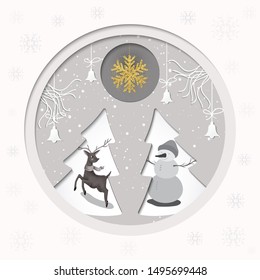 Christmas Greeting Card.Reindeer and snow man happy with Merry Christmas decoration.Paper art design.Vector illustration.Eps10