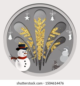 Christmas Greeting Card.Reindeer and snow man happy with Merry Christmas decoration.Paper art design.Vector illustration.Eps10