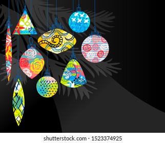 Christmas greeting cards background, New Year, Merry Christmas tree branches decor. Seasons decoration design pattern, packaging, cover, banner. Hand drawn vector illustration.