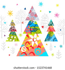 Christmas greeting cards background, New Year, Christmas tree colorful snowflakes. Seasons decoration design pattern, packaging, cover, banner. Hand drawn vector illustration.