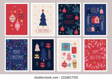 Christmas greeting cards with balls, baubles, fir tree, branches, snowflakes, house, berries, gifts on Red, Blue, Gold, White, Pink. Perfect for winter holidays. Vector illustration