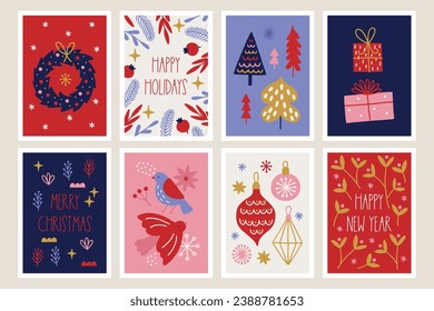 Christmas greeting cards with balls, fir trees, gifts, baubles, birds, berries, snowflakes, stars in Red, Violet, Yellow, Pink and White. Perfect for holiday decoration. Vector illustration