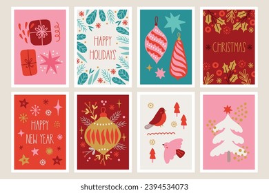 Christmas greeting cards with balls, gifts, star, leaves, fir tree, bird, berries in Red, Cyan, Yellow, Pink and White. Perfect for holiday decoration. Vector illustration