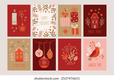 Christmas greeting cards with berry, ball, house, bird, gifts, candle, star, fir tree, snowflakes in Red, Gold, Pink and White. Perfect for holiday decoration. Vector illustration