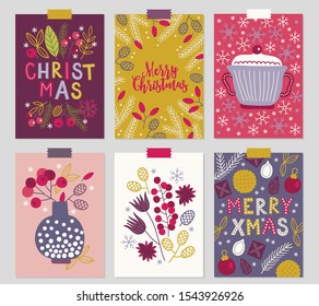 Christmas greeting cards with berry, leaves, branches, vase, snowflakes, cookie, ball, chocolate, cone in Red, Gold, Violet, Pink and White. Perfect for winter holidays and New Year greetings